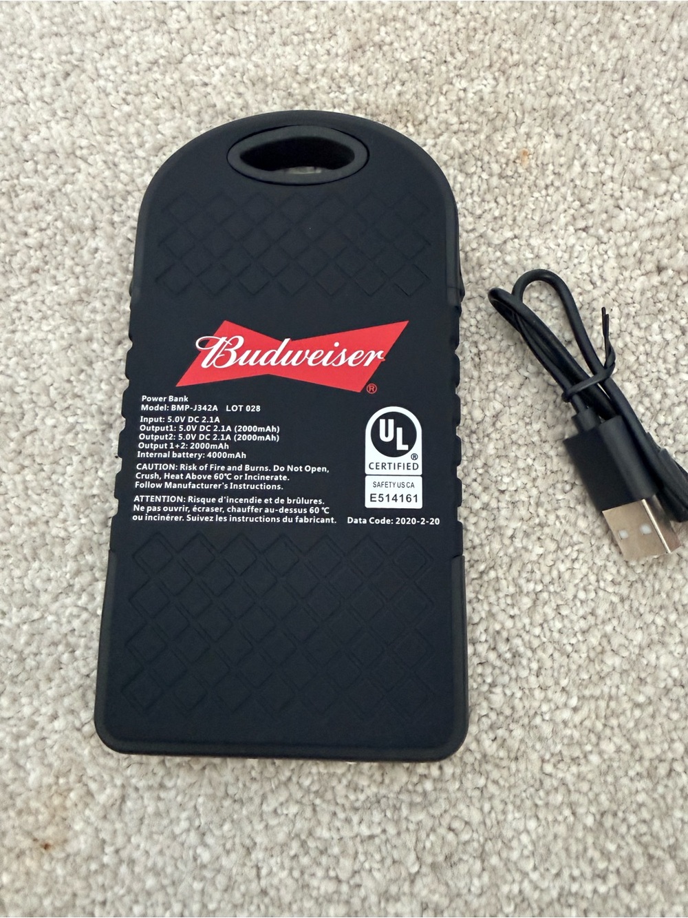 Budweiser Black Portable Power Bank with Red Logo